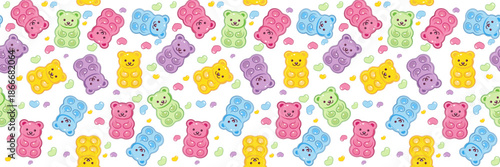 Seamless colorful gummy bear pattern with cute candy bears and hearts