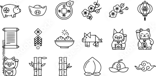Chinese New Year  Good Luck Line Icons Set