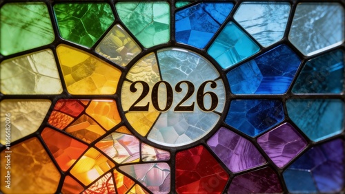 Stained glass with 2026 inscription in a colorful circle. Bright glass mosaic in modern style