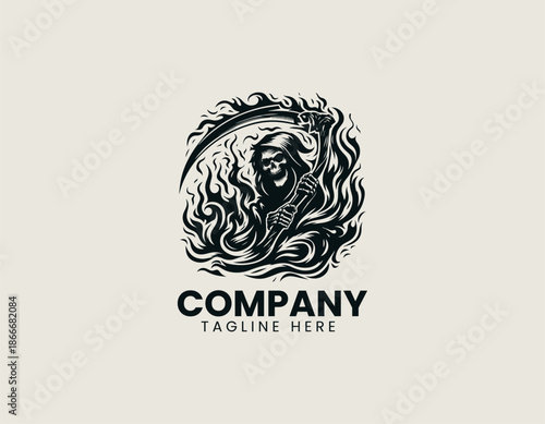 A stylized vector logo illustration depicting the Grim Reaper character surrounded by intense fire flames aggressive.