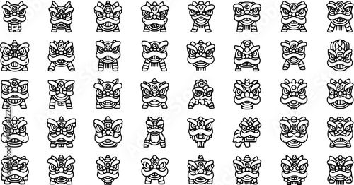 Chinese Lion Dance Mask Outline Icons Set