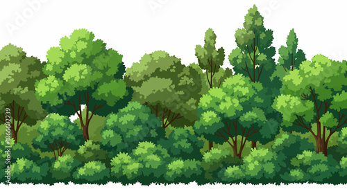 Dense green forest illustration with various trees and bushes in a natural landscape scene.