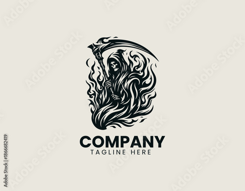 A stylized vector logo illustration depicting the Grim Reaper character surrounded by intense fire flames aggressive.