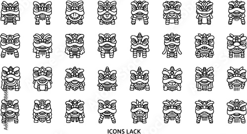Traditional Chinese Lion Dance Outline Icon Set