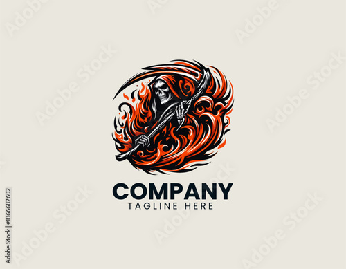 A stylized vector logo illustration depicting the Grim Reaper character surrounded by intense fire flames aggressive.