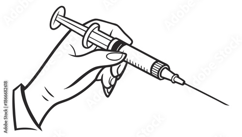 Hand Holding Syringe Line Art Illustration for Medical and Vaccination Concept