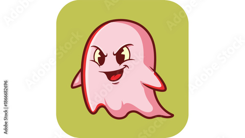 Cartoon Pink Ghost with Mischievous Expression on Green Background.