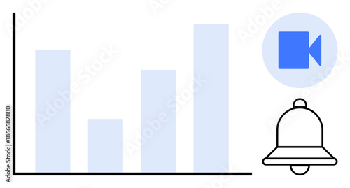 Business communication, data visualization, notifications, video analysis, productivity tools, performance tracking. Bar chart, notification bell video icon. Data visualization and notifications