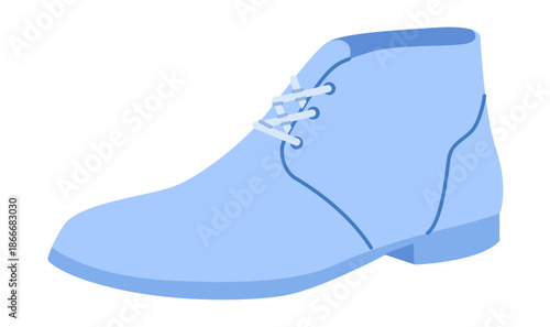 Blue chukka boot women color flat. Lace up ankle boot for smart casual wardrobe and mid season styling. Technical fashion illustration CAD mockup smooth vector man unisex isolated trendy style.