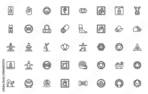 Yoga icon set. Minimal linear vector icons pack. Includes symbols for meditation, chakra, stretch, mat, equipment, app and more. Editable stroke.