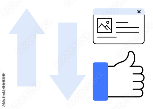 Feedback concept. Feedback with thumbs up icon, upvote downvote arrows, and web interface. Feedback tools for online reviews, user experience, digital ratings, platforms, applications