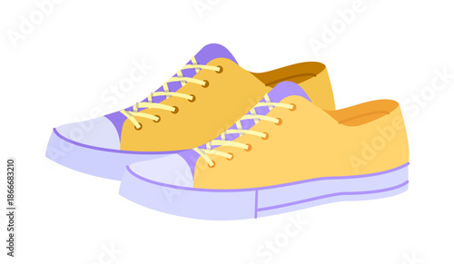 Low top canvas sneakers shoe flat pair. Comfortable breathable footwear city walk, campus, relaxed weekend style for man woman unisex. Technical fashion illustration, CAD mockup, soft vector isolated