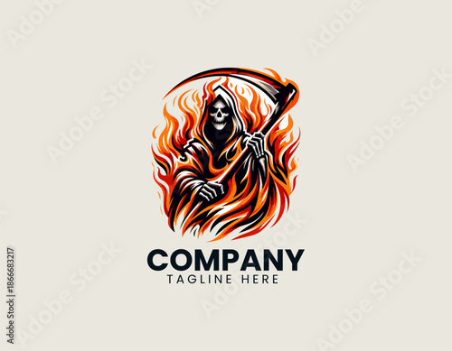 A stylized vector logo illustration depicting the Grim Reaper character surrounded by intense fire flames aggressive.
