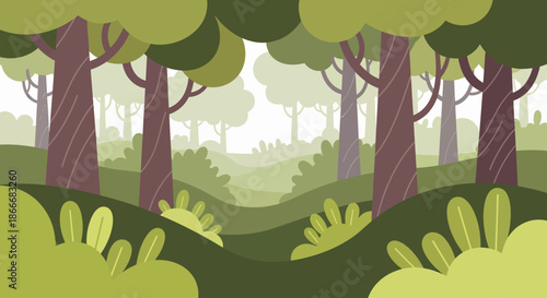 Colorful cartoon forest landscape with green trees and foliage in a natural environment illustration.