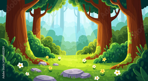 Sunny forest clearing with lush green trees, wildflowers, and soft sunlight in a peaceful woodland scene.