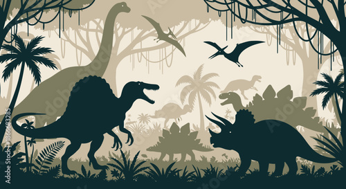 Silhouettes of various dinosaurs in a prehistoric jungle landscape with trees and plants.