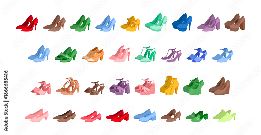 Obraz premium High heel shoe women color set. Stiletto pump peep toe Mary Jane, platform sandal wedge mule collection in bright palette. Fashion footwear chart, trend guide, flat vector illustration for design.