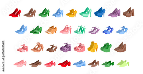 High heel shoe women color set. Stiletto pump peep toe Mary Jane, platform sandal wedge mule collection in bright palette. Fashion footwear chart, trend guide, flat vector illustration for design.