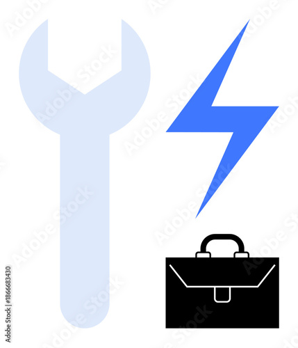 Repair services, electrical maintenance, professional tools, energy solutions, business concepts, technical support. Wrench, lightning bolt and briefcase . Repair services and electrical maintenance
