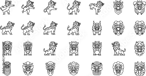 Chinese Guardian Lions Foo Dog Line Art Icons Set