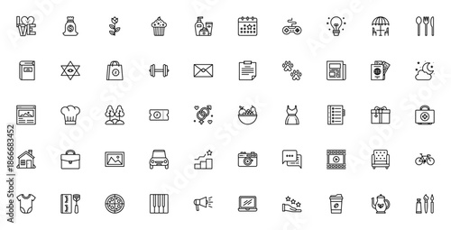 Lifestyle icon set. Modern vector illustrations. Includes symbols for love, coffee, shopping, fitness, travel, food, beauty, home and more. Editable stroke.