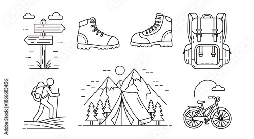 Line art illustration of hiking and camping equipment with outdoor adventure scenery.
