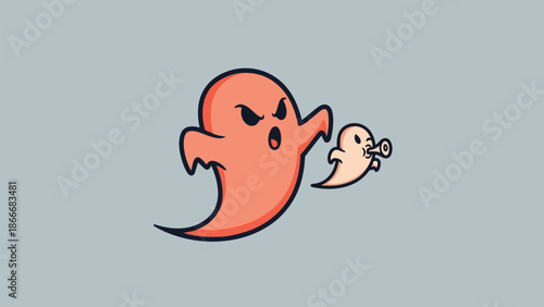 Angry Ghost Chasing Smaller Ghost with Trumpet Cartoon Illustration.