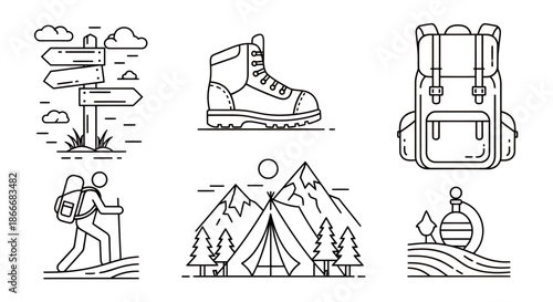 Set of line art illustrations depicting hiking and camping equipment and outdoor adventure scenes.