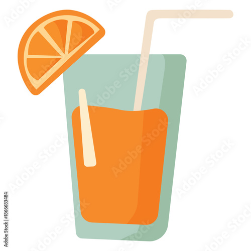 Stylized drawing of a green glass filled with orange juice with straw and orange slice on rim representing freshness healthy lifestyle summer vibes and tropical beverage in a colorful modern style
