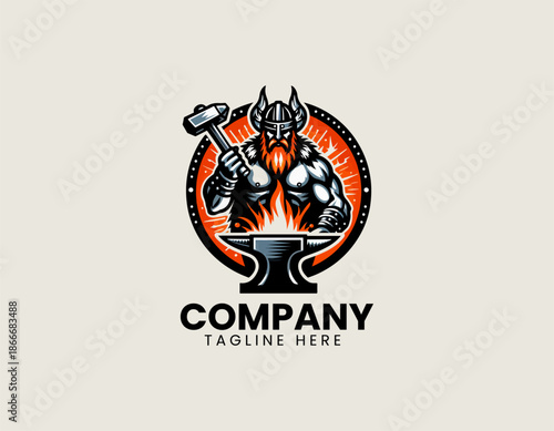 A stylized vector logo illustration depicting a Viking blacksmith figure with intense fire flames and a hammer tool robust. Mascot branding concept