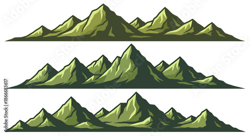 Three illustrated mountain ranges with green peaks and shaded slopes in a stylized design.