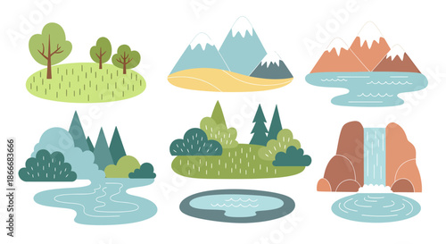 Collection of illustrated natural landscapes with mountains, trees, rivers, and a waterfall in flat style.