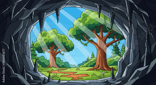 View from inside a dark cave looking out onto a bright forest with large trees and sunlight streaming in.