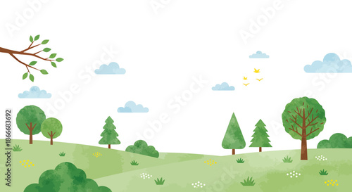 Illustration of a peaceful green landscape with trees, clouds, and a clear sky.
