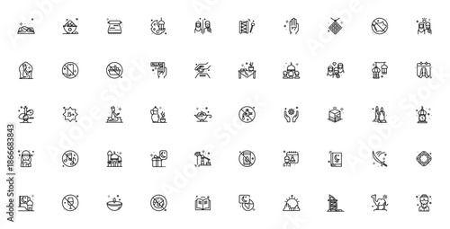 Islam icon set. Vector illustration featuring symbols for prayer, mosque, Quran, Mecca, donation, crescent, wedding, and more. Minimalist style.