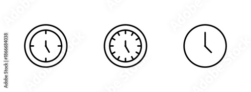 Outline analog clock and time icon set, Schedule and deadline symbols, Watch and timer UI elements, Punctuality and management graphics, Minimalist line art vector collection