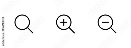 Outline magnifying glass search and zoom icon set, Zoom in and zoom out symbols, Web navigation UI elements, Discovery and analysis graphics, Minimalist line art vector collection