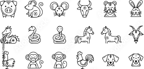 Chinese Zodiac Animals Outline Icons Set
