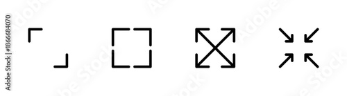 Outline fullscreen and minimize icon set, Screen expand and exit symbols, Video player view controls, Focus and crop graphic, Line art vector collection