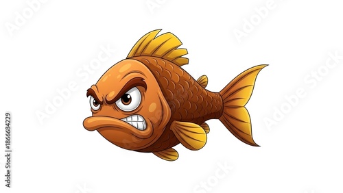 cartoon illustration of an angry orange fish with golden fins, featuring furrowed brows, narrowed eyes, and clenched teeth, set against a plain white backdrop