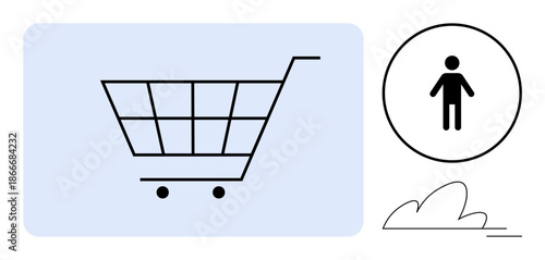 E-commerce, shopping experience, consumer behavior, retail design, minimalism, graphic elements. Shopping cart and man symbol with a cloud line. E-commerce and shopping experience concept