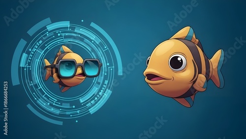 one framed in a glowing cyan digital portal with futuristic sunglasses, and the other with wide curious eyes, set against a solid deep blue backdrop