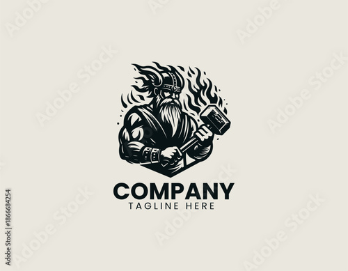 A stylized vector logo illustration depicting a Viking blacksmith figure with intense fire flames and a hammer tool robust. Mascot branding concept