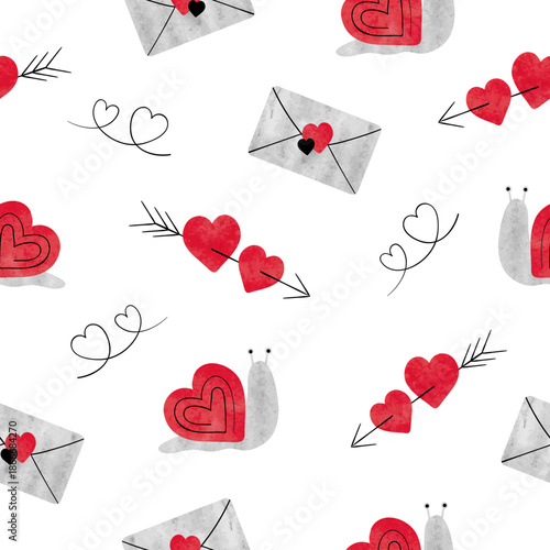 Seamless Valentines pattern with love letters, arrows and hearts. Watercolor ...