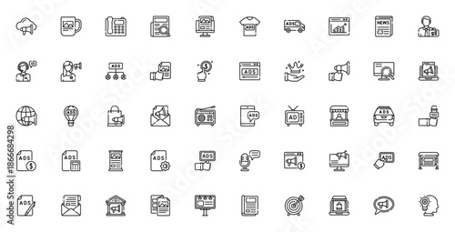 Advertisement icon set. Vector business collection. Includes symbols for marketing, social media, SEO, email, podcast, banner, billboard, ecommerce and more. Editable stroke.