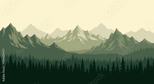 Serene mountain landscape with pine forest and distant peaks under a clear sky.