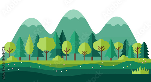Illustration of a lush green forest with mountains and trees in the background.