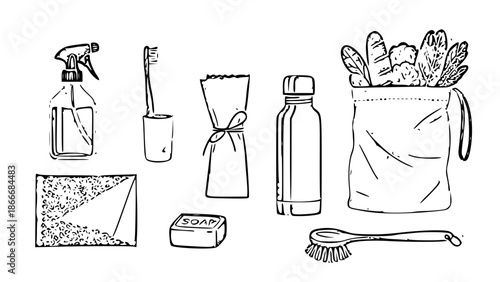 Minimal flat vector bathroom sustainability poster,
soap bars and reusable containers,

