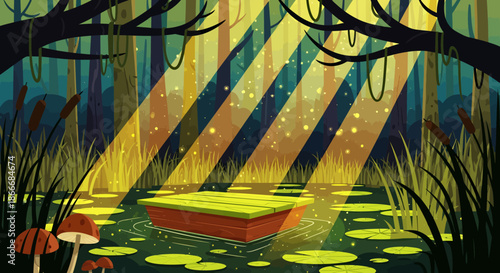 Wooden raft floating on a peaceful pond in a magical forest with sunlight rays.