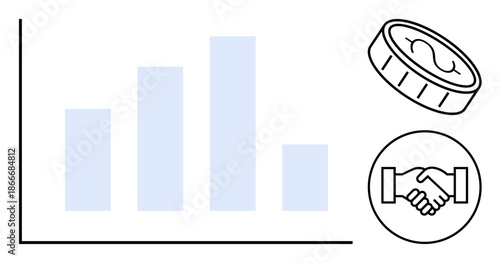 Business growth. Bar chart showing performance, handshake partnership, and coin finance highlight business growth. Ideal for finance, strategy, teamwork concepts